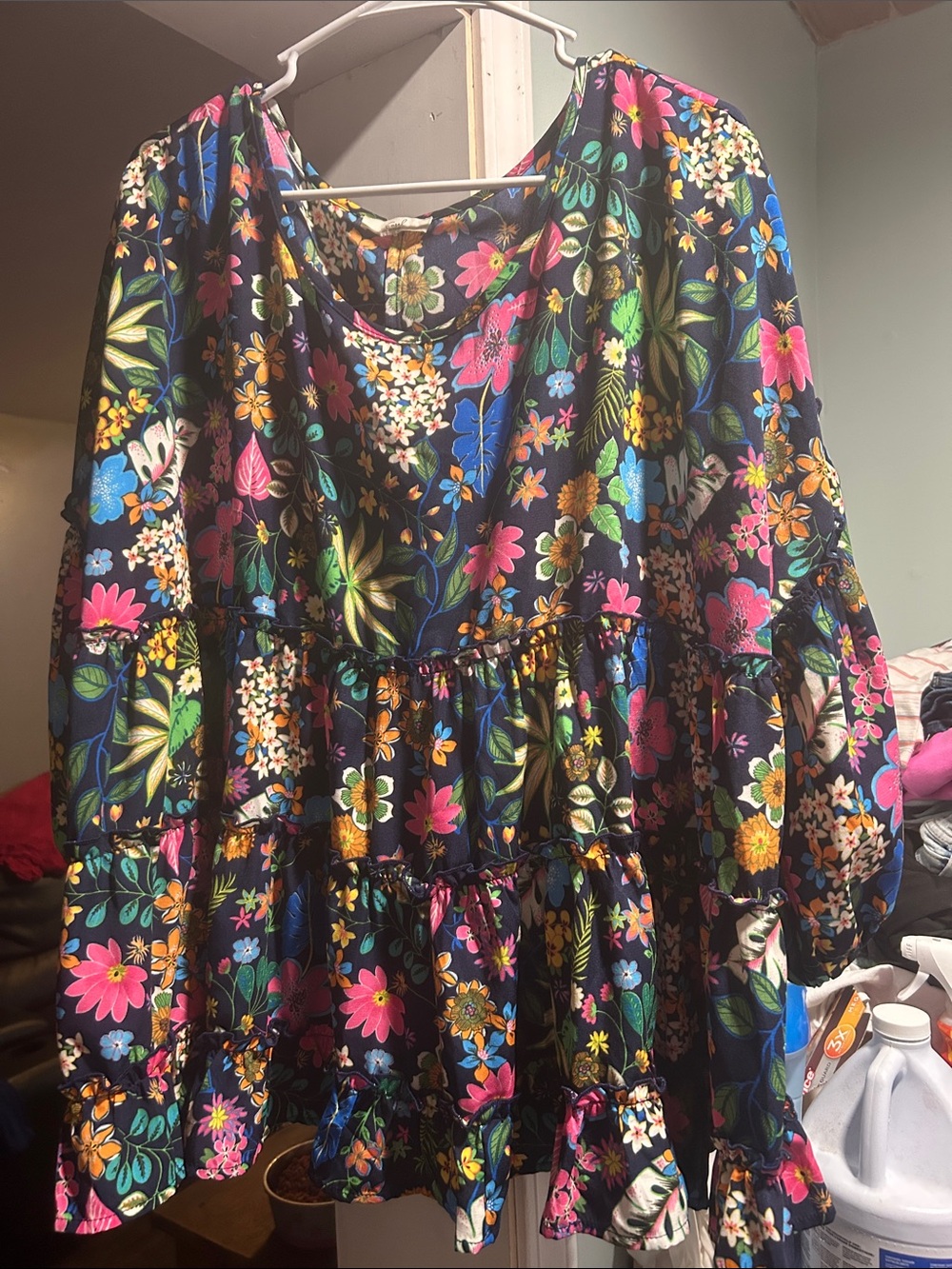 easel Black Floral Tiered Blouse with Bright Multicolor Blooms